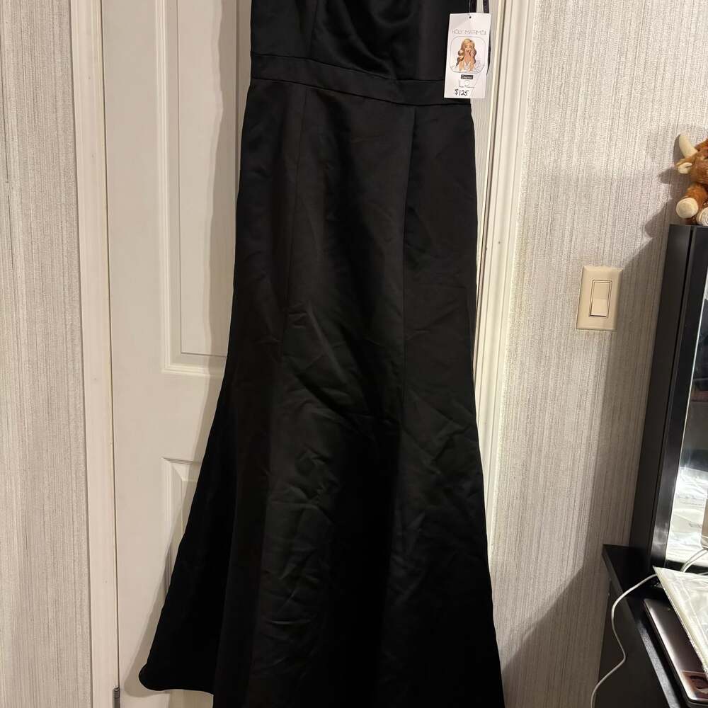 Hayley Paige Occasions Black Satin A-line Halter Bridesmaid Evening Gown